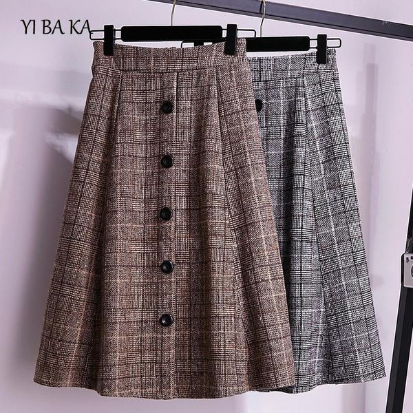 

plus size plaid skirt high waist long skirts lining with autumn winter button 2020 korean streetwear vintage a line skirt1, Black