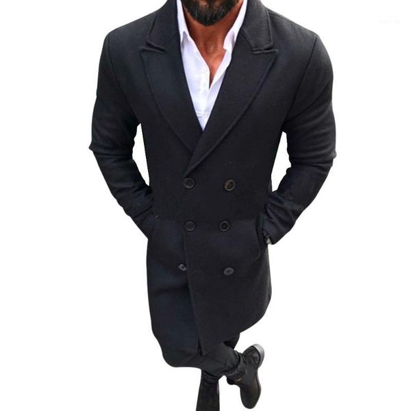

vogue fashion men wool coat winter warm solid color long trench jacket male single breasted business casual overcoat parka1, Black