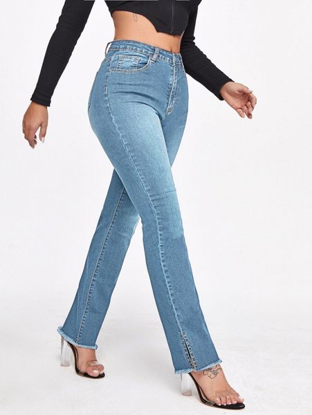 

curvy bleach wash raw slit hem jeans 05ei#, Blue