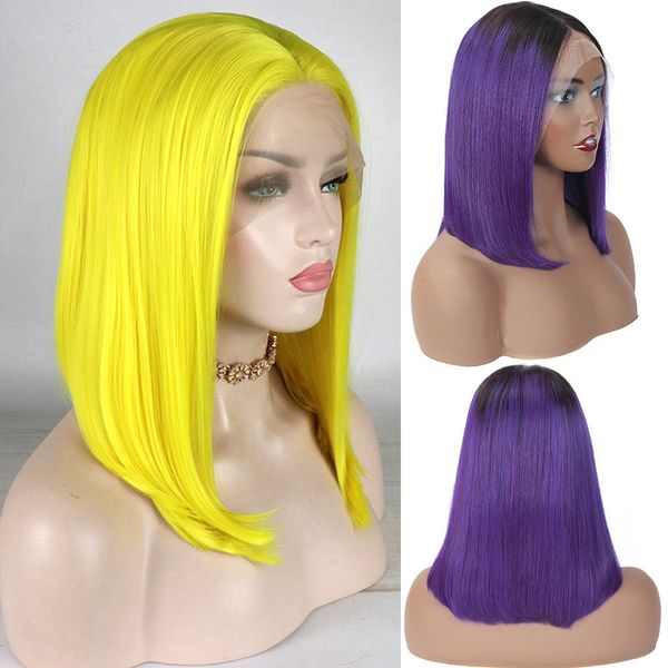 

bob synthetic lace front wig straight hair 14 inch lace wigs for black women ombre pulple hair synthetic lace front wig, Black;brown