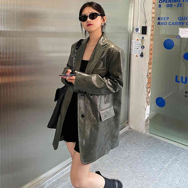 

women's suits & blazers [eam] women oversized green pu leather blazer lapel long sleeve loose fit jacket fashion spring autumn 2022 1de, White;black