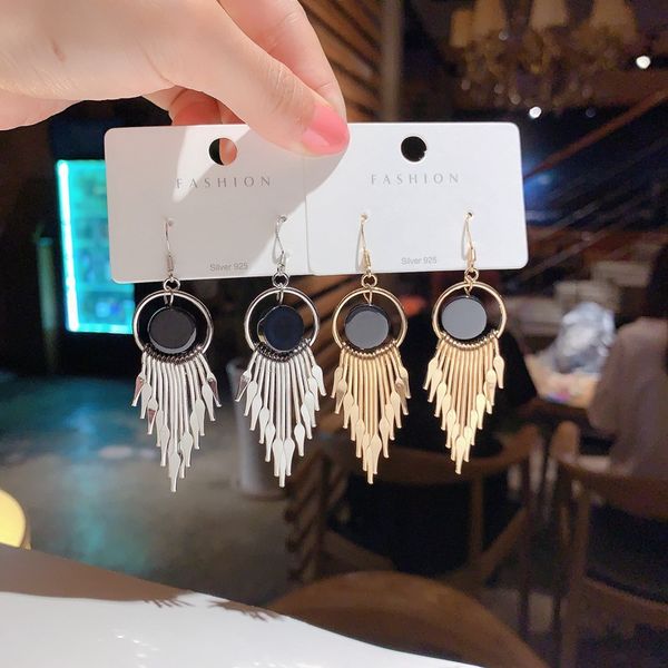 

european and american fashion exaggerated popular face slimming long tassel earrings 925 silver hook metal feeling will move net red earring, Golden