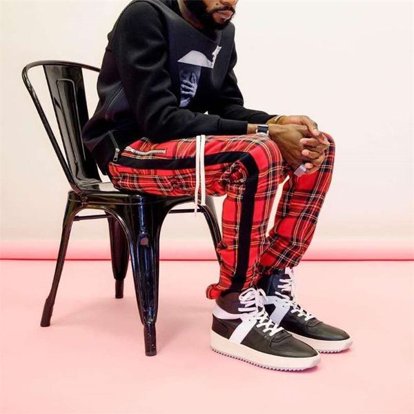 

european and american street style celebrities same style contrast red and green color plaid zipper casual pants all-match pants size s-xl, Black