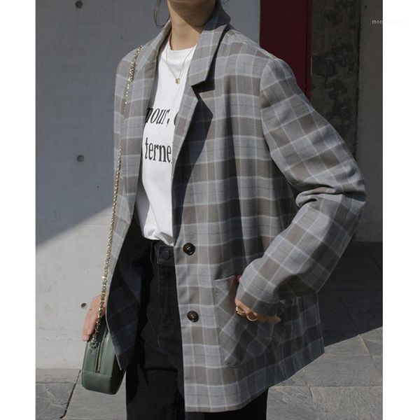 

women's suits & blazers fashion designer 2021 spring vintage plaid blazer jacket women's single breasted gray casual loose outer w, White;black