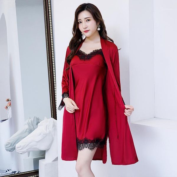 

2020 spring new black lace trim 2pcs robe sets v-neck backless women nightgown sleepshirt strap bathrobe sleep suit1, Black;red