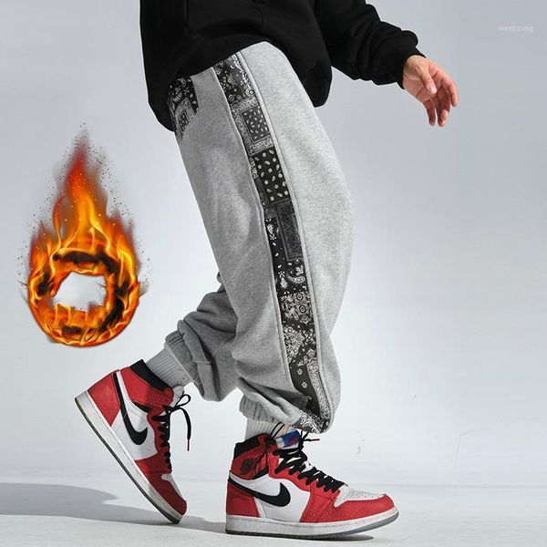 

autumn winter streetwear hip-hop print warmth plus velvet sweatpants men's japanese large size loose leg jogger trouser men1, Black