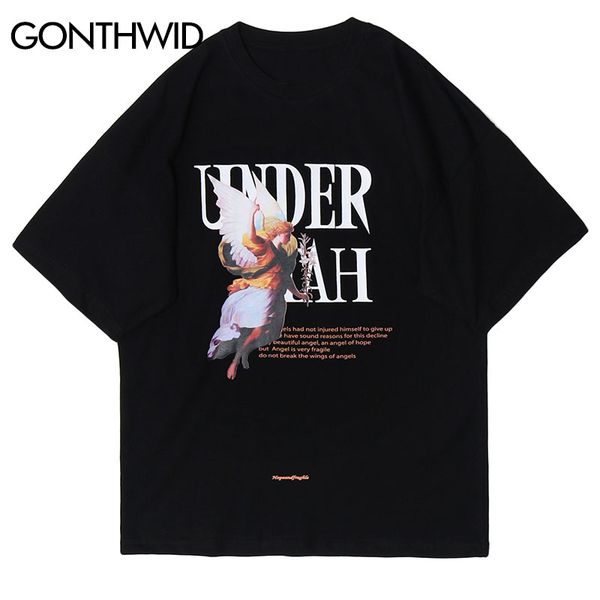 

harajuku angel with wings print tshirts hip hop streetwear tees hipster casual short sleeve shirts mens summer, White;black