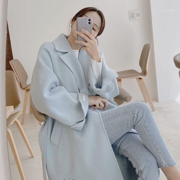 

superaen office lady solid turn down collar woollen long trench coat for women fashion1, Tan;black