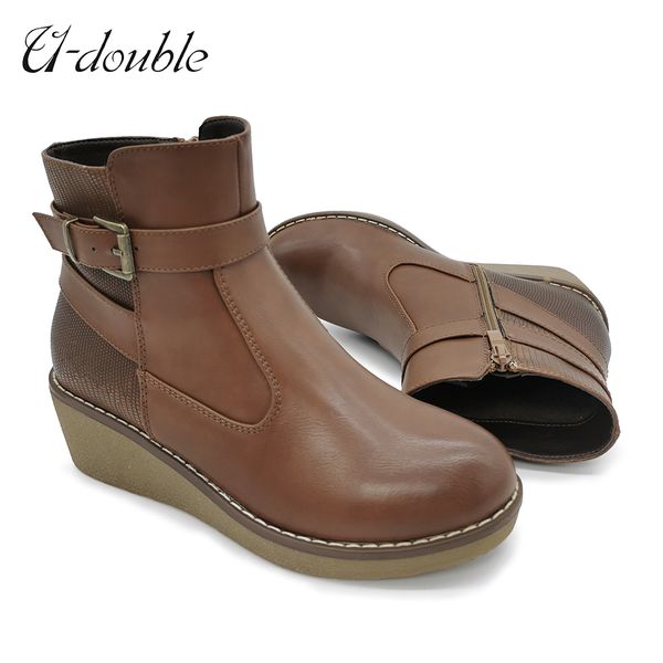 

u-double new ankle boots women genuine lace-up round toe lady booties autumn winter platform sole shoes handmade size 36-41, Black;red