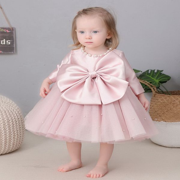

2021 new spring summer baby girls party dress big bow long sleeve pearl piano show flower dresses for weddings e1006, Red;yellow