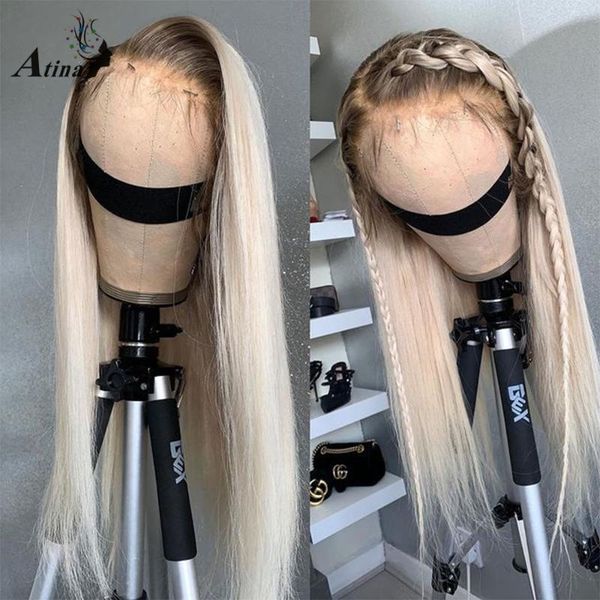 

lace wigs atina 613 honey blonde color remy brazilian straight front human hair wig ombre frontal for black women pre plucked, Black;brown
