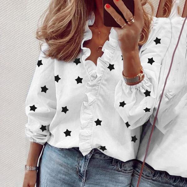 

new daisy star print ruffle blouse shirts office lady 2020 summer long sleeve slim blouses fashion women v-neck, White