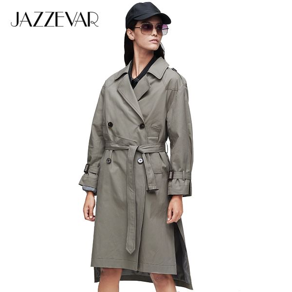 

jazzevar new arrival autumn trench coat women clothing with belt double breasted long trench coats wide-waisted loose 9005 201031, Tan;black