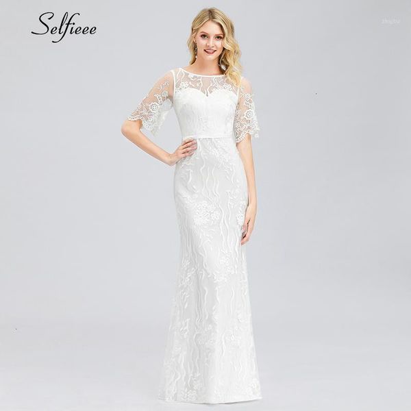 

elegant white lace women dress mermaid o-neck half sleeve illusion bodycon dress ladies maxi vestido de festa 20191, Black;gray