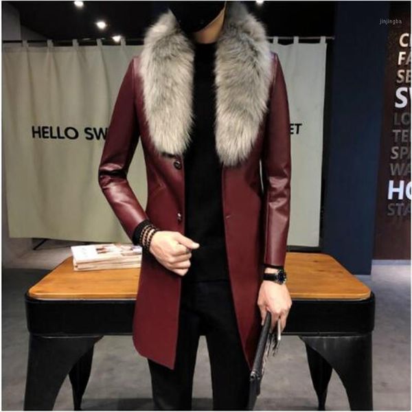 

mens long leather trench coats black long coat mens burgundy erkek palto fur collar gold men1