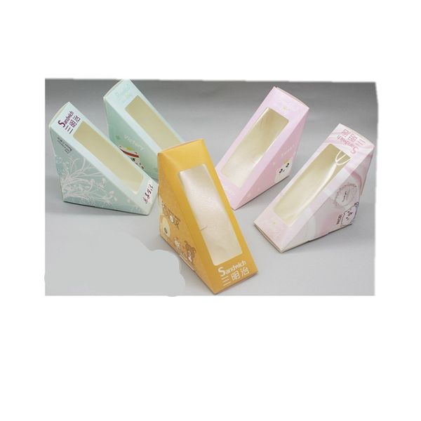 

disposable sandwich packaging box cartoon printed triangle shape sandwich breakfast paper packaging box with pet window 188 n2