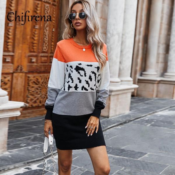 

chifirena vintage leopard patchwork sweater dress women o neck long sleeve winter casual robe female elegant minie vestidos, Black;gray
