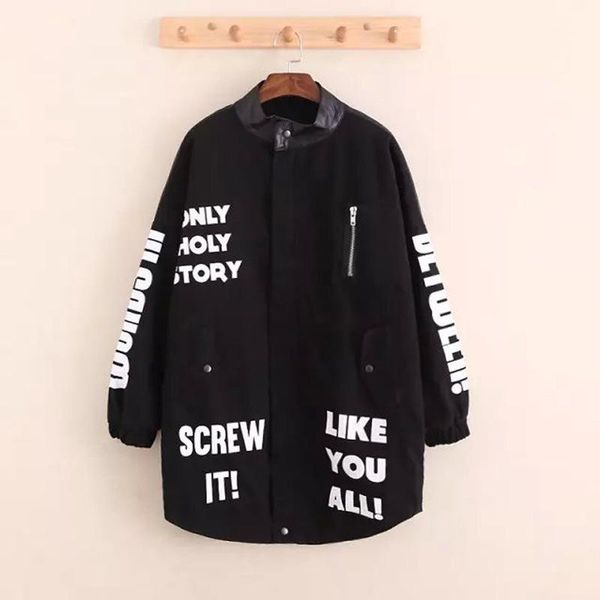 

european and american-style style lettered men's loose-fit mid-length stand-collar jacket men's1, Black