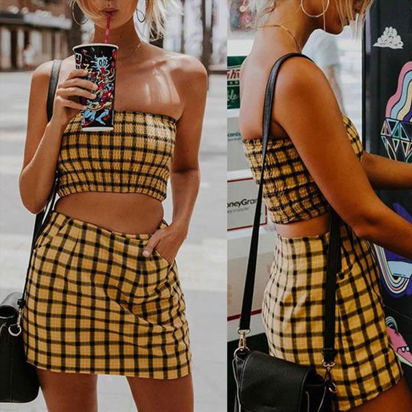 

женщины 2 шт bodycon crop top и юбка set party club плед сладкий набор, Gray