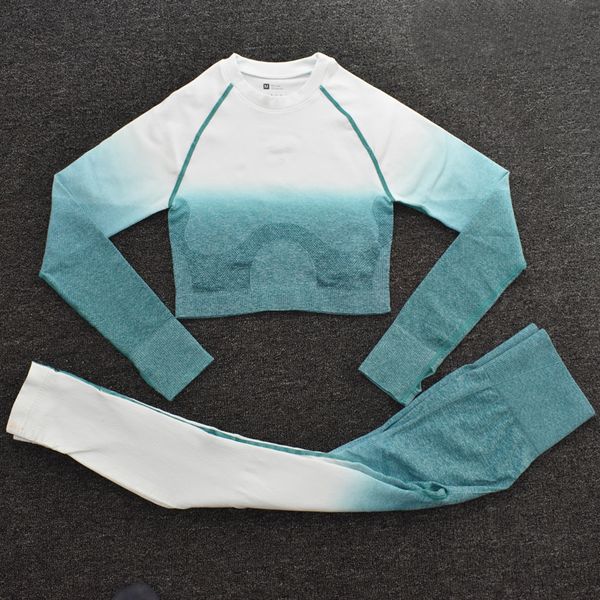 

ombre женщины йога set бесшовные леггинсы с длинным рукавом crop top спорт бюстгальтер бег брюки gym одежда фитнес тренировки спортивный кос, White;black