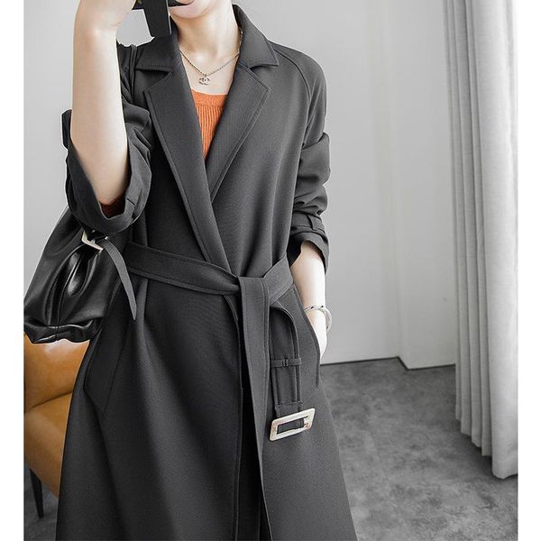 

women elegant long coat with belt solid color long sleeve chic outerwear ladies overcoat autumn spring, Tan;black