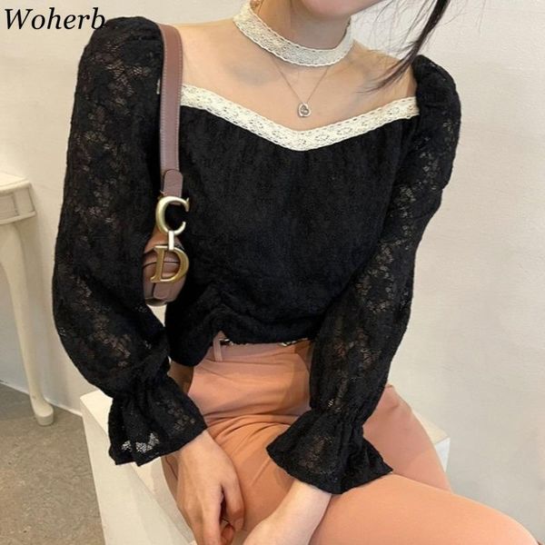 

woherb chic stand neck gauze patchwork shirt see through lace crochet floral women blouses flare sleeve drawstring short, White
