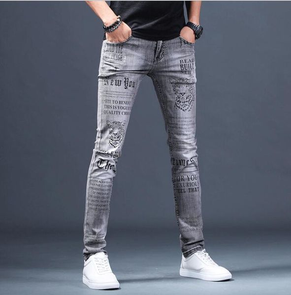 

new men's male denim jeans european brand men summer printing personality fashion slim stretch pants trousers, Blue