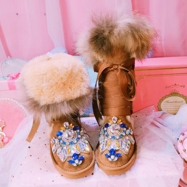 

womens round toe rhinestones crystal real big fur mid calf boots lace up warm winter snow thick shoes diy new 2020, Black