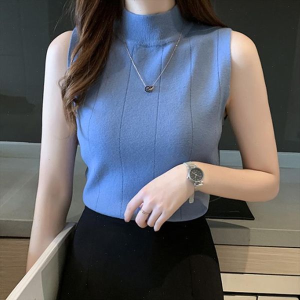 

knitted tanks female female sleeveless spring summer knit half turtleneck vest women casual waistcoat knit elastic 2021, White