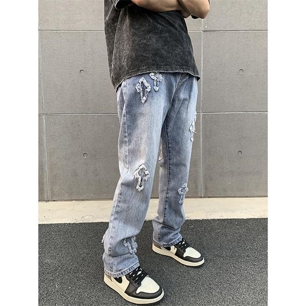 

eukaaru men streetwear baggy jeans trousers cross hip hop mens loose jeans pant oversized boyfriend denim 220308, Blue