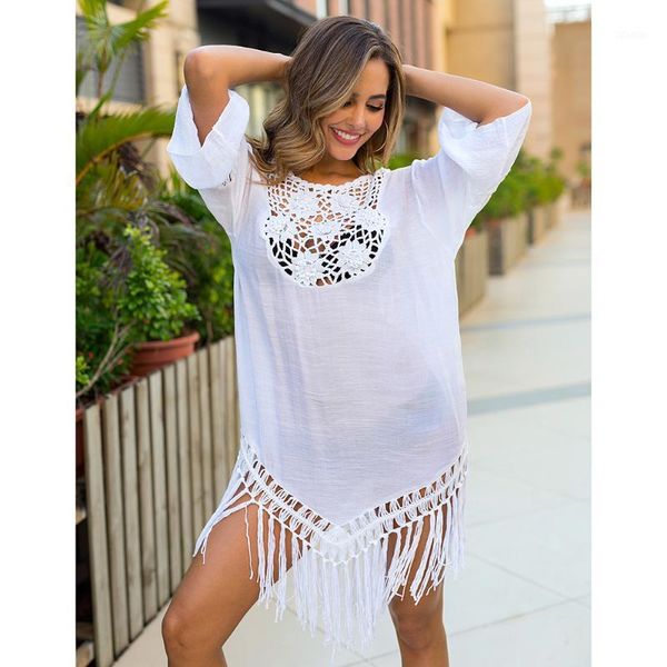 

women's swimwear factory price spot direct sales of the hollow sunscreen clothes, hand hook stitching loose tassel beach blouse1, White;black