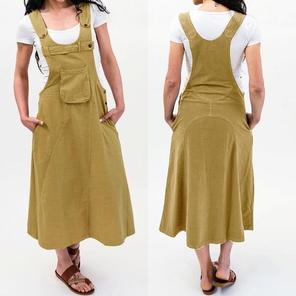 

zanzea 2021 linen overall dress women's summer sundress kaftan o neck front pockets midi vestidos vintage plus size tunic robe, Black;gray