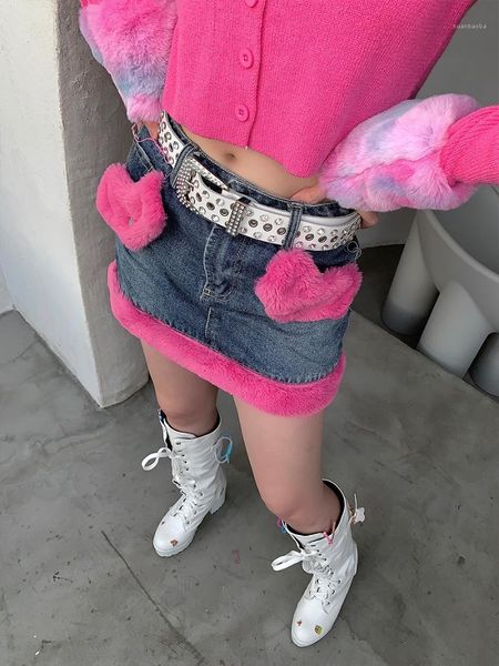 

original oosbaby design autumn retro girl high-waisted denim short skirt plush autumn winter bodycon mini pencil skirt1, Black