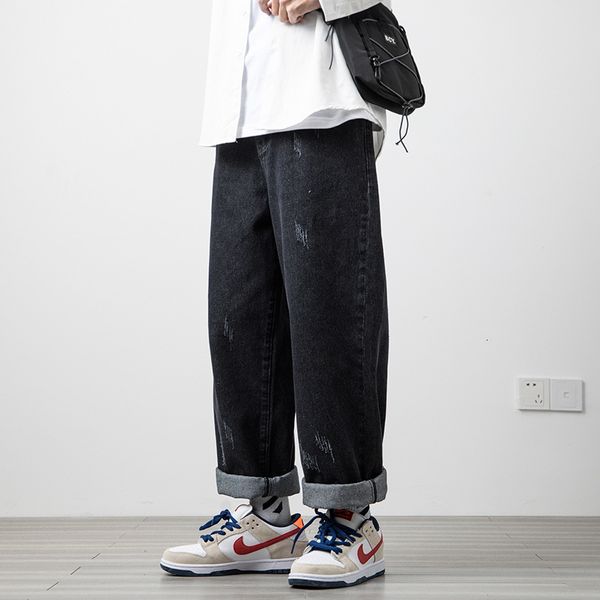 

2021 spring loose straight large wash wear mark basic jeans men's, Blue