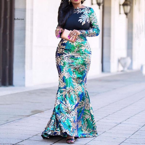 

vintage green long sleeve mermaid sequins dress sparkly elegant plus size shiny party evening african long dresses for women1, Black;gray