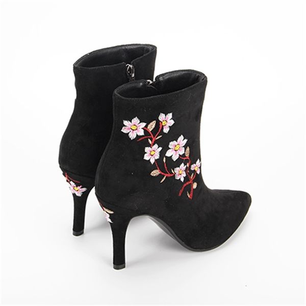 

2021 the new party style to the ankle fashion flower-embroidered zipper stiletto riding boots women's shoes d5qz, Black