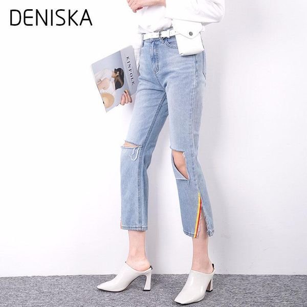 

deniska spring summer women bf jeans with split ends ankle length straight mid waisted wide leg jeans denim pant1, Blue