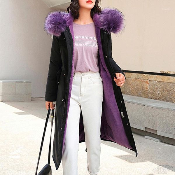 

long parkas winter coat womens plush full sleeve fur hooded zipper overcoat color stitching fur lining thicken warm lady clothed1, Black