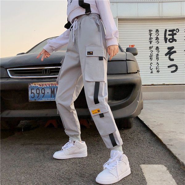 

2021 fashion new elastic waistline cargo ladies loose ankle streetwear plus female size jogger pants o61s, Black;white