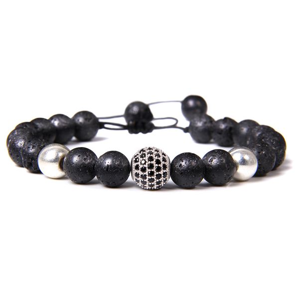 

woven bracelets for men natural lava stone bead bracelet adjustable women silver-plate cz charm pulsera braid jewelry couple, Black