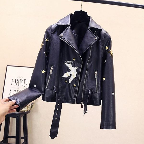 

локомотивное пальто женщины осень зима новый 2020 корейский версия тонкая летающая птица звезда вышивка ремень короткомытый pu кожа, Black