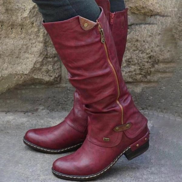 

boots women's mid calf vintage british pu leather shoes woman low heel zip sewing ladies fashion retro long women 20211, Black