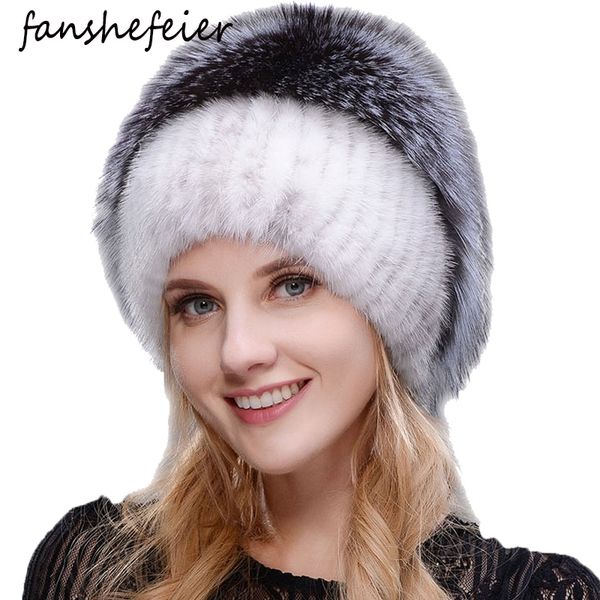 

fanshefeier winter female fur beanies real mink hat fashion silver fox fur hats women thick warm knitted beanies y200103, Blue;gray