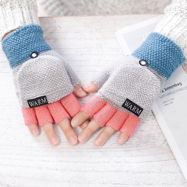 

2020 winter warm thickening wool gloves knitted flip fingerless flexible exposed finger thick gloves mittens men women glove, Blue;gray