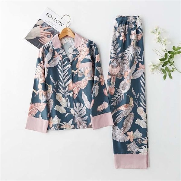 

spring classical magpie printing satin pajamas long sleeve loungewear women sleepwear turn-down collar thin home clothes 2 suits y200107, Black;red