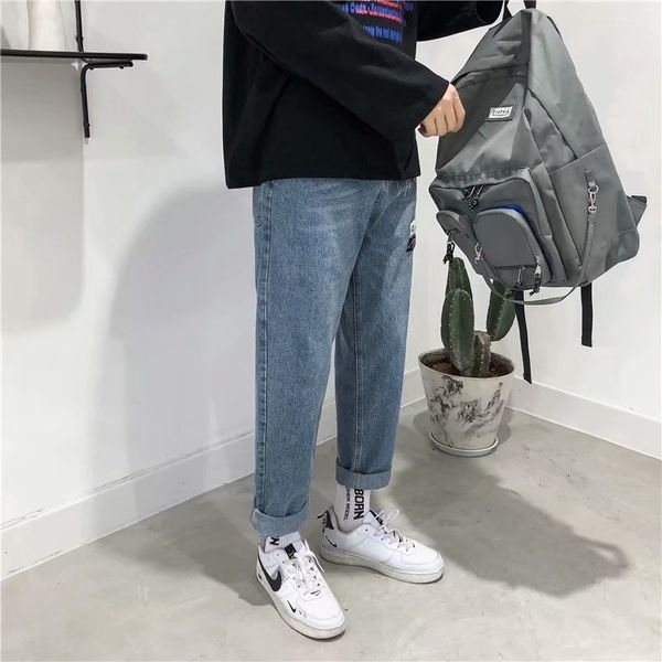 

denim men's 2021 new teenagers casual trousers hong kong style trend korean wild loose straight jeans wide leg pants, Blue