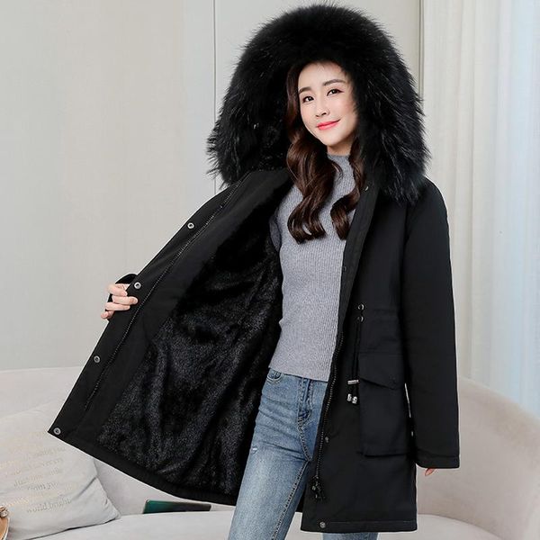 

women's down & parkas 2021 winter jackets women wool liner casual plus size 5xl coats hooded thick clothes with fur collar, Black