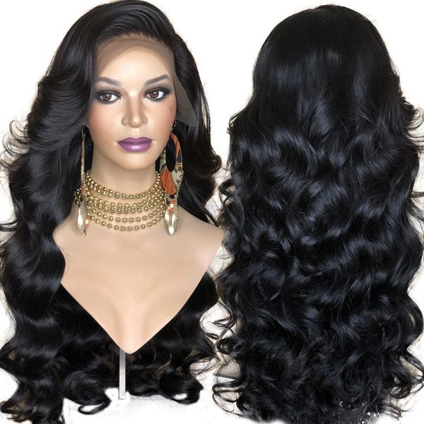 

fanxiton synthetic lace front wig for women black body wave wig glueless heat resistant fiber hair wigs with bangs side part, Black;brown