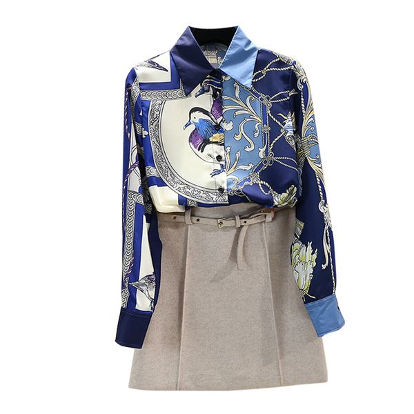 

spring autumn women's printed korean retro contrast female office lady turn-down collar long-sleeved shirt gd488 q1219, White