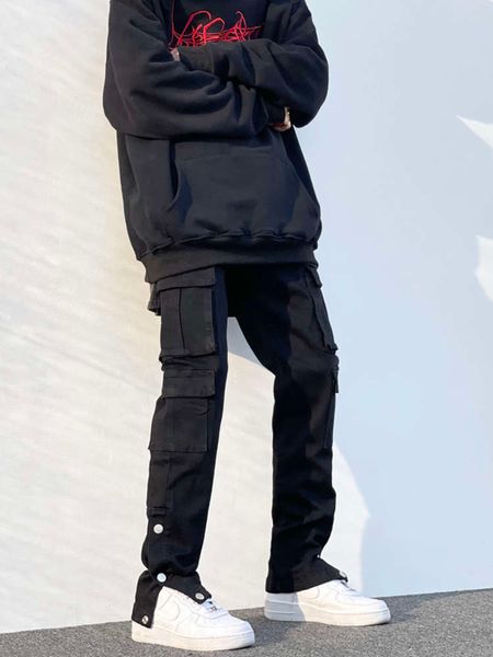 

breasted black jeans fashion brand tooling design sense slim small foot vibe cargo hip hop pants for men joggers